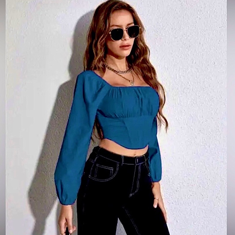 Japna Teal Long-Sleeve Square-Neck Crop Top